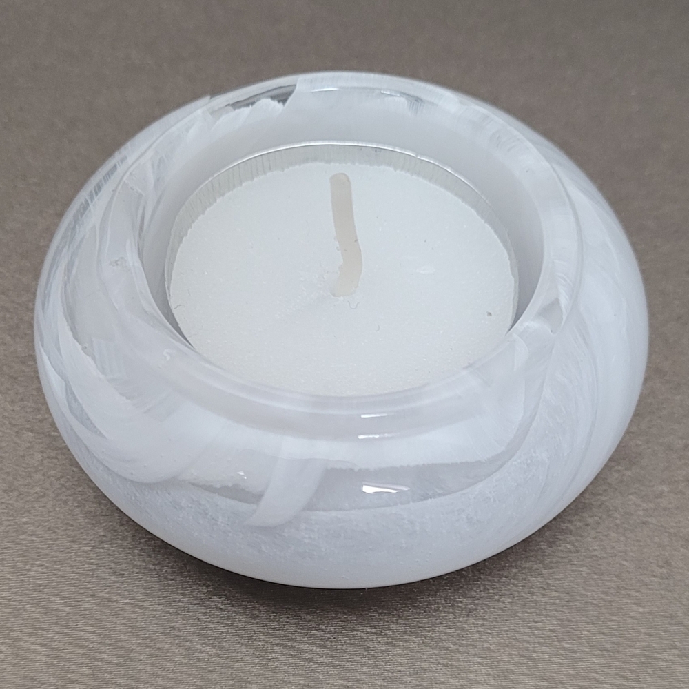 Art Glass White and Clear Tealight Candle Holder